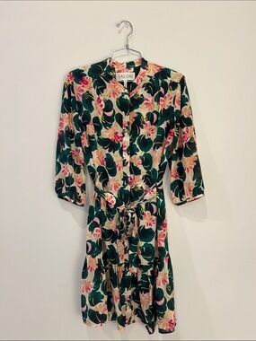 SALONI Green Floral Button-Front Midi Dress with Self-Tie Waist